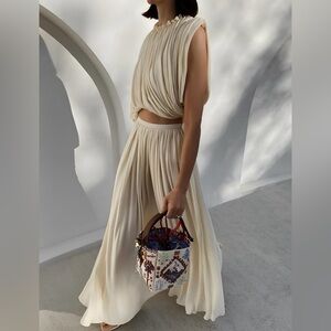 Commense Cream Flowing Pleated Maxi Skirt Set
